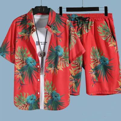 Men's Casual Quick-Dry Hawaiian Floral Short-Sleeve Shirt and Beach Shorts Matching Set