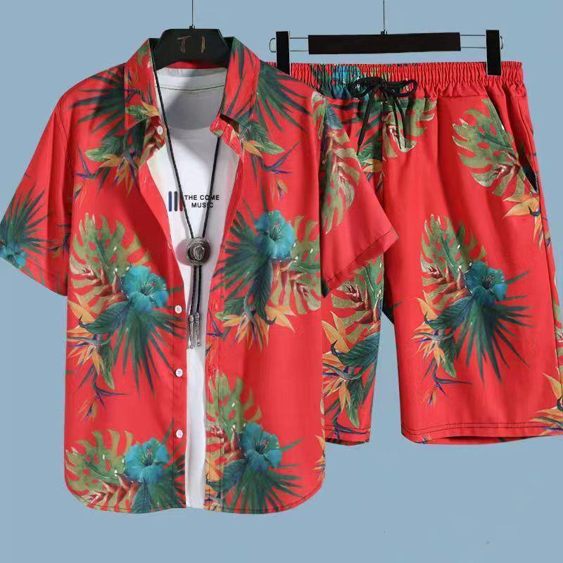 Set Coordinato da Uomo Casual a Maniche Corte Floreale Hawaiano ad Asciugatura Rapida e Pantaloncini da Spiaggia