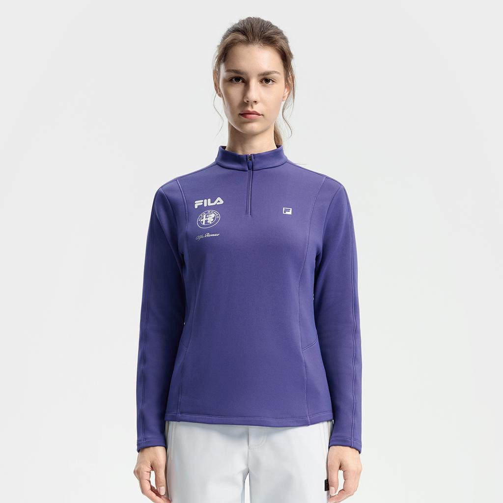 FILA Ski Series Fleece Lined Warm Fashion Slim Fit Simple Casual Sports Knit Long Sleeve T-Shirt Women Tops Ding-Rui-Purple A11W546204FDP