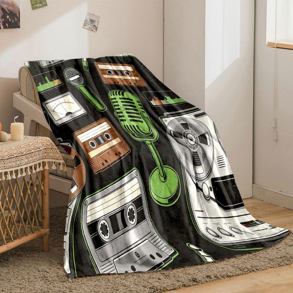 Black Background Music Elements Print Blanket Warm Soft Fluffy Kids and Adults Sofa Bed Throw Blanket Outdoor Travel Camping