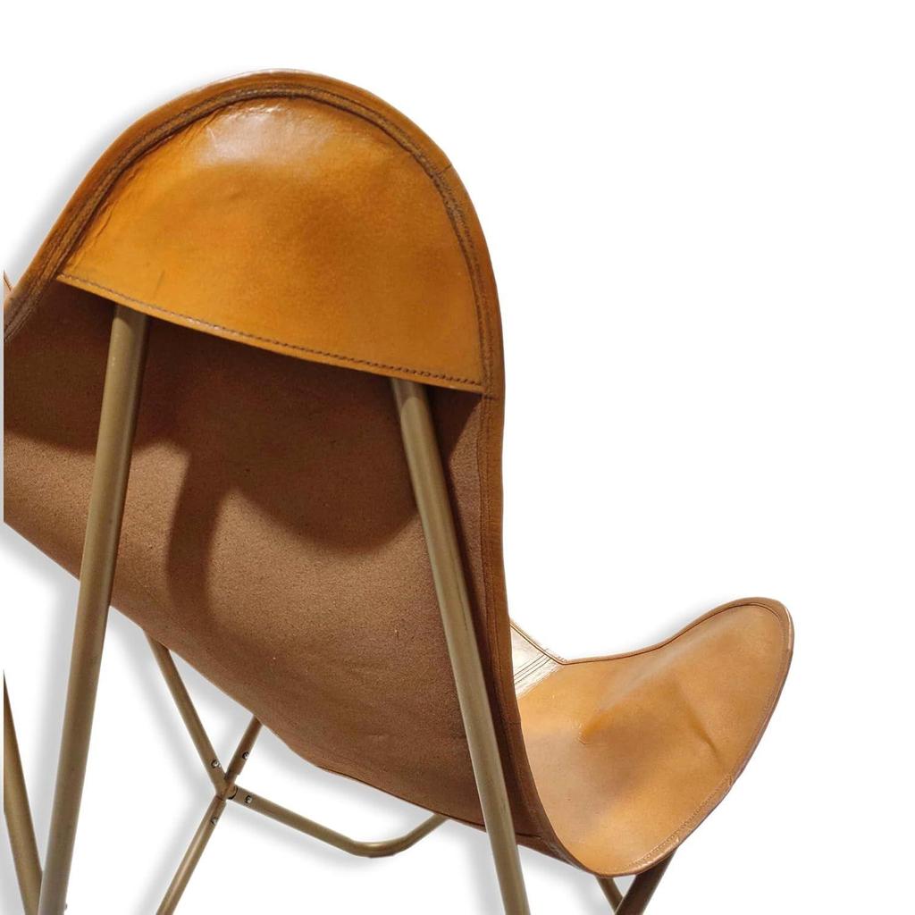 Recliner Folding Tan Brown Leather Butterfly Chair - Comfortable Arm Rest Relaxing Butterfly Chair - with Golden Powder Coated Iron Stand