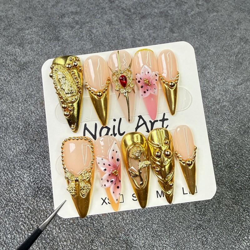 Luxury Gold Floral 3D Embossed Nail Tips Long Pointed False Nails Women Wearable Press-On Acrylic Art Small