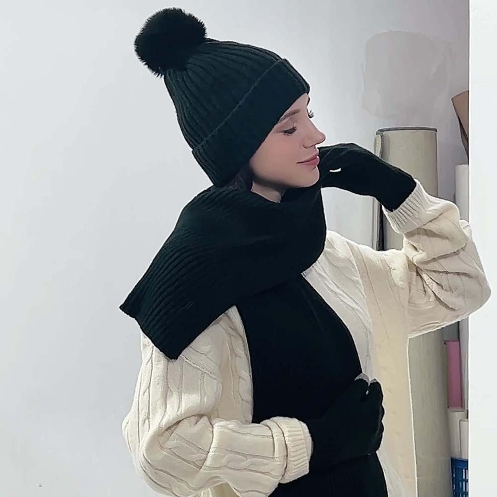 Elastic Scarf and Hat Set Warmer Mittens Pullover Cap Fashion Knitted Scarf  Outdoor