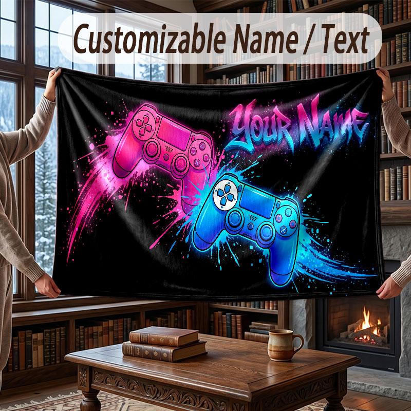 Game Controller Theme Throw Blanket Custom Name Text Personalized Blanket Soft Cozy Blanket for Home Sofa Bed