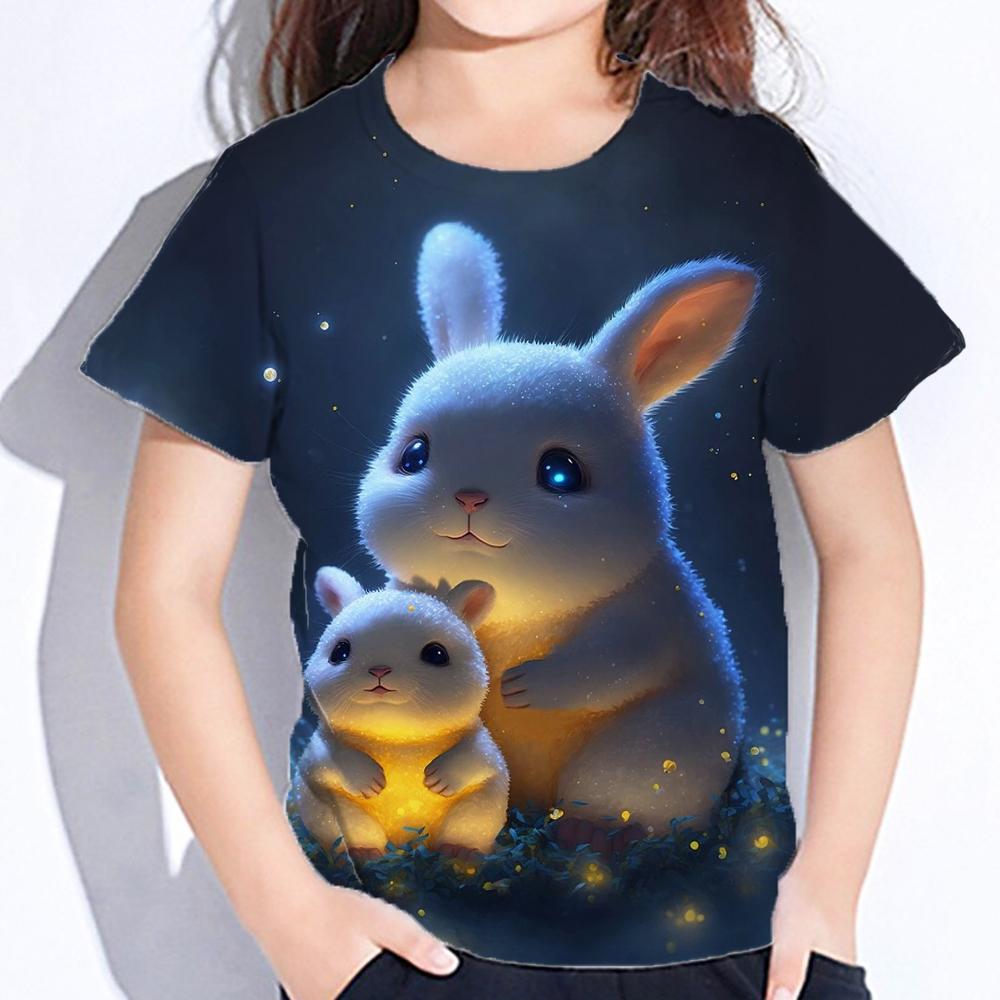Rabbit Cartoon Print Toddler Short Sleeve Tops Oversized Crew Neck Tees Little Girl Clothes
