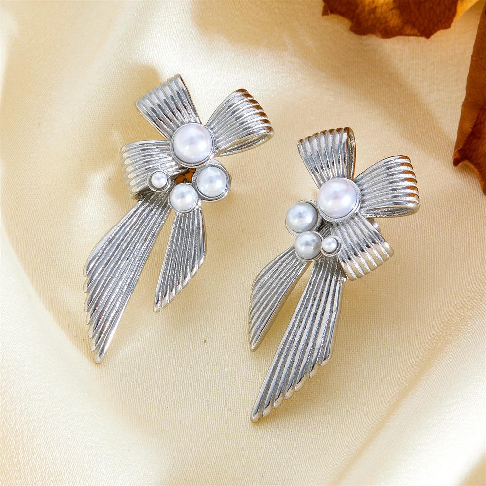 

French Stainless Steel Stud Earrings, Women s Butterfly Pearl Earrings Niche