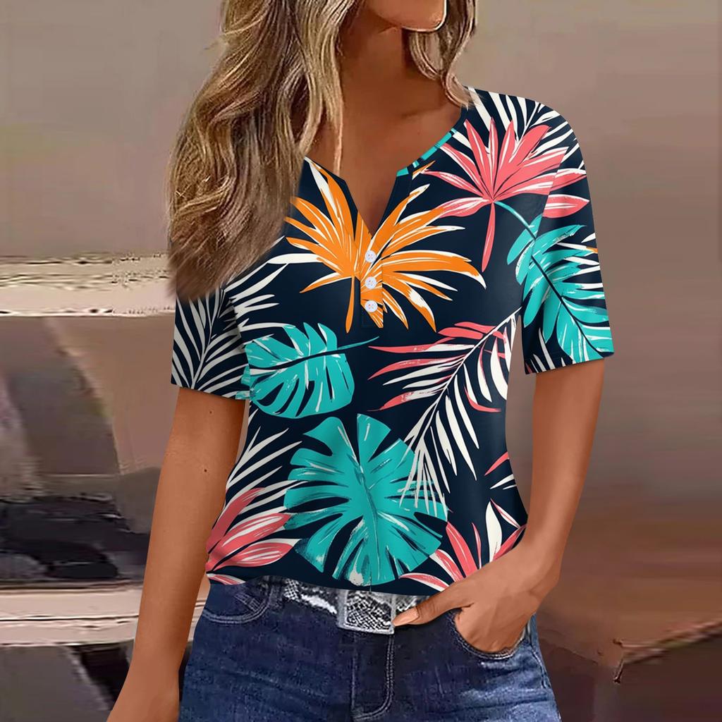 Women's T Shirt Print Button Short Sleeve Daily Weekend Fashion Basic V- Neck Regular Top