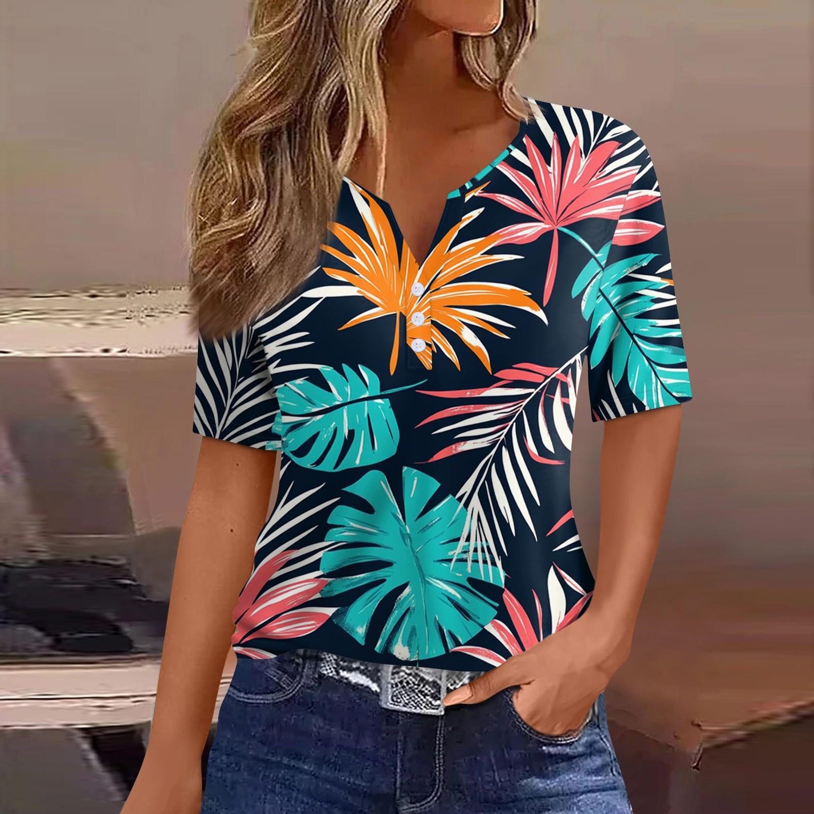 

Women s T Shirt Print Button Short Sleeve Daily Weekend Fashion Basic V- Neck Regular Top XL синий