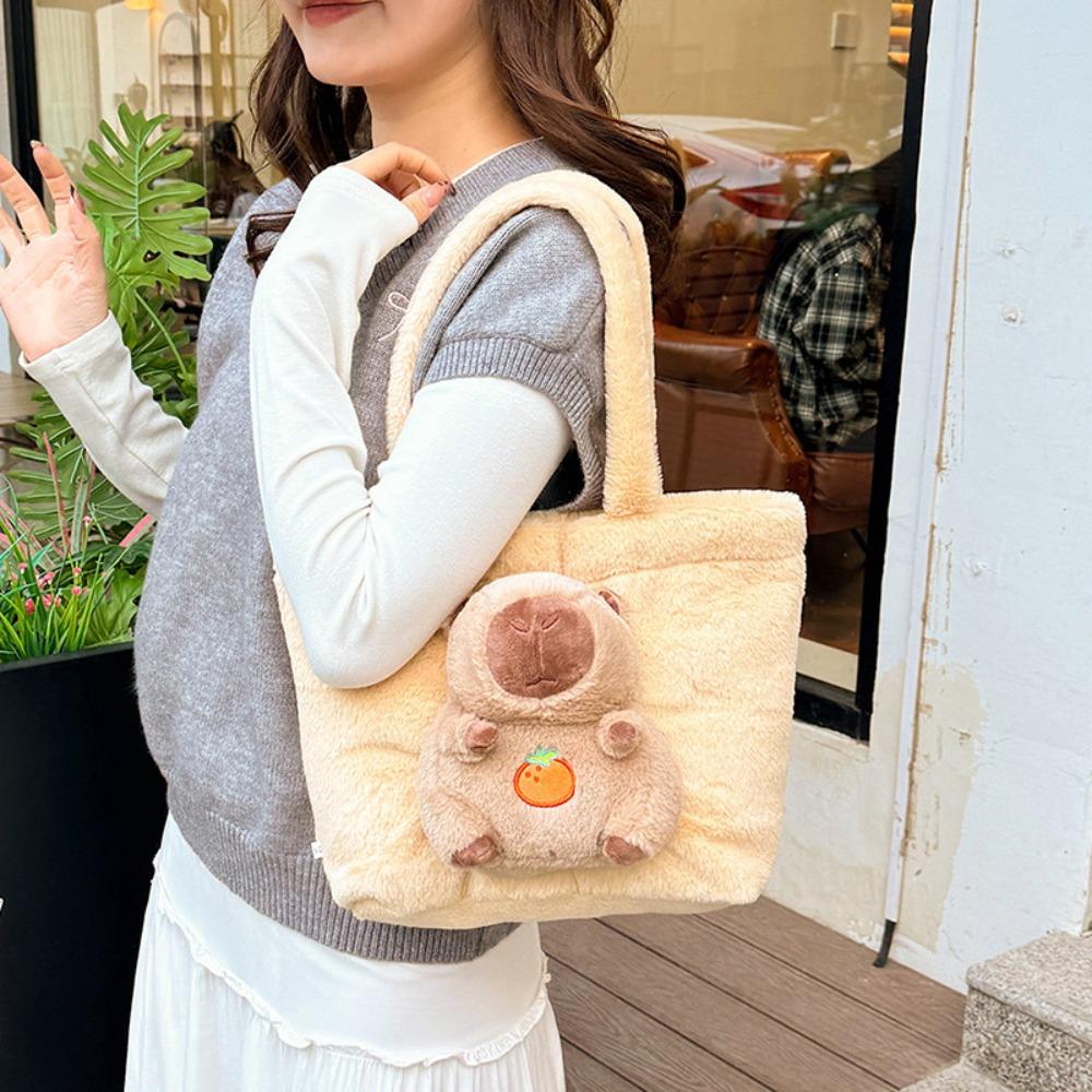 Large Capacity Plush Tote Bag Korean Style Shoulder Bag Kawaii Capybara Handbag  School