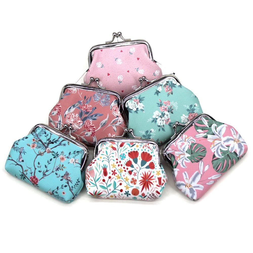 Cute PU Leather Coin Purse Flower Print Latte Clip Wallet Bag Lovely Style Convenient Handbag Women