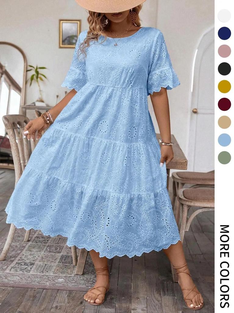 Summer solid color cotton embroidery crew neck lace hollow design dress summer Europe and America