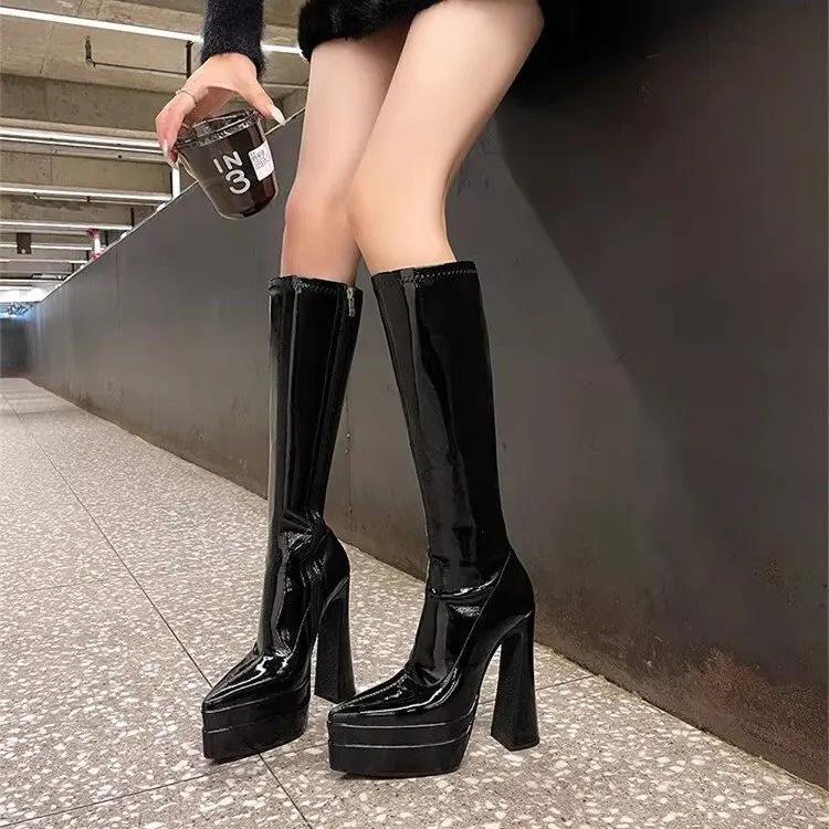 Super High Heels Women Boots High Quality Patent Leather Higt Heeled Boots Sexy Pointed Knee High Boots for Women Platform Botas