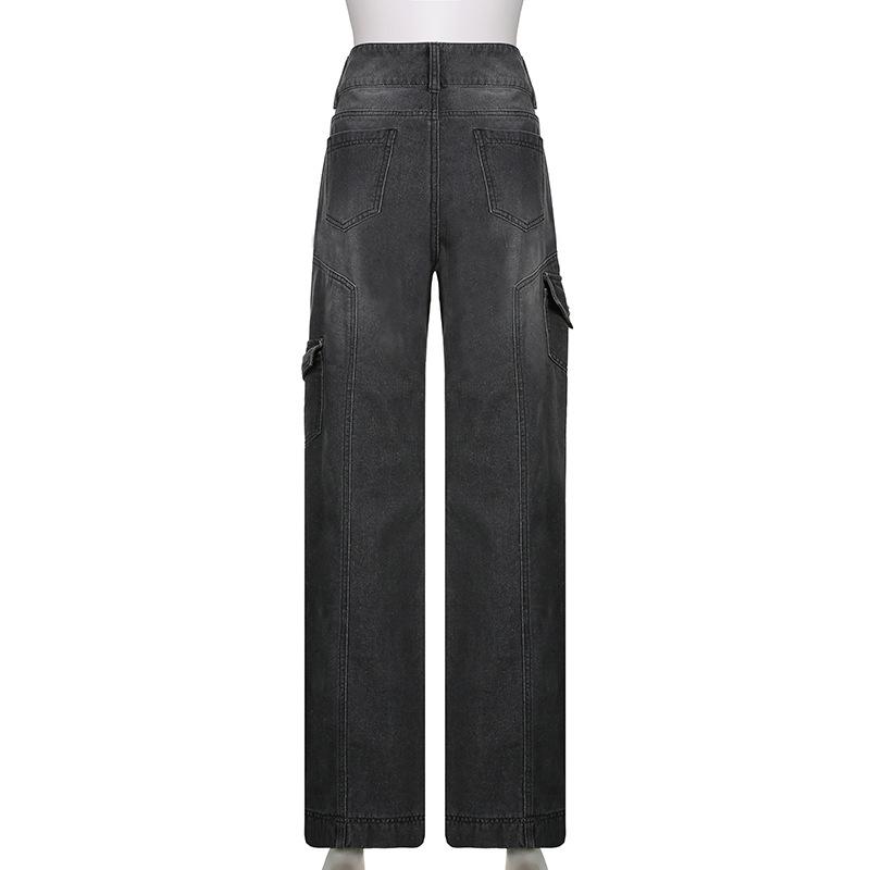Tasche Jeans larghi impunturate Moda Streetwear Pantaloni in denim da donna Pantaloni cargo larghi Jeans coreani Pantaloni dritti Harajuku