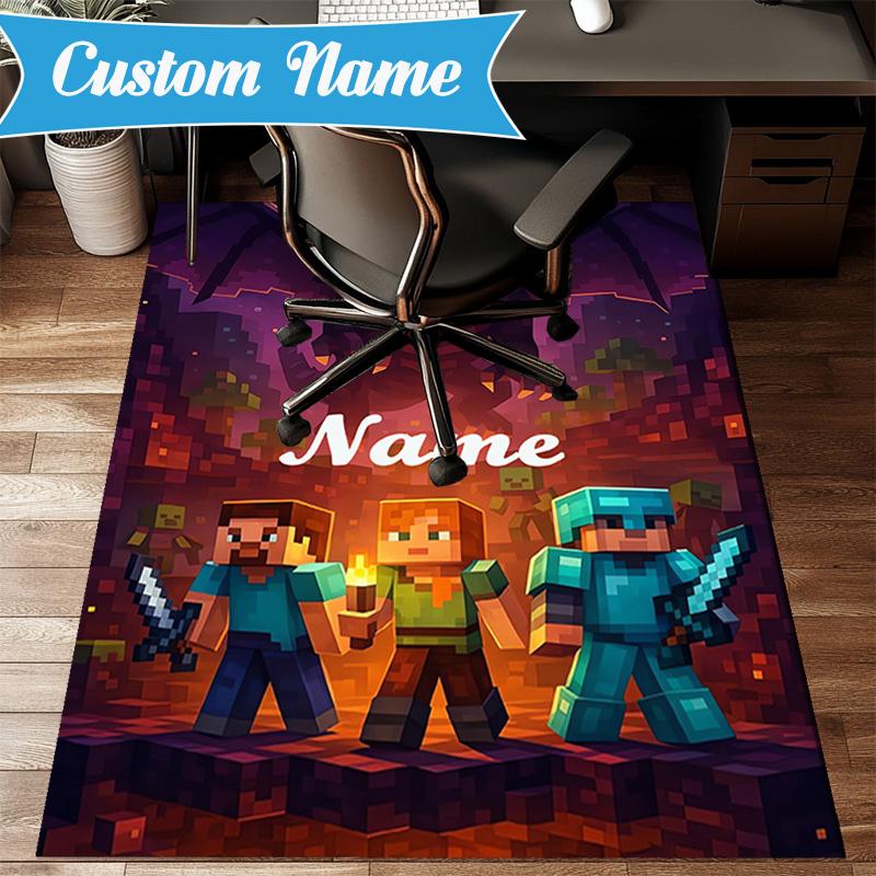 Custom Name Minecraft Adventure Night Rug for Living Room, Game Rooms, Office, Bedroom, Floor Mat Playful Design, fan gifts Christmas decor
