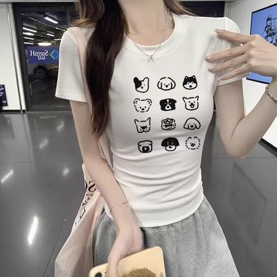 Crew Neck Front Shoulder Short-sleeved T-shirt Women's Summer New White Cartoon Puppy Print Age-reducing Versatile Casual Top Women
