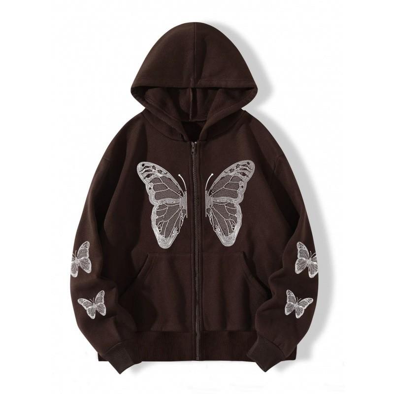 Oversized Y2K Butterfly Print Hooded Zip-Up Sweatshirt Women Men Loose Fit Streetwear With Front Pockets Air Layer