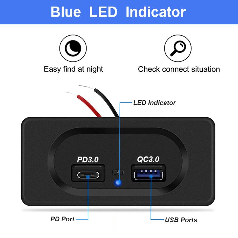 12V RV USB Wall Outlet 18W PD USB-C Quick Charge 3.0 USB-A Socket Car Charger Waterproof Power Socket Adapter Panel with LED