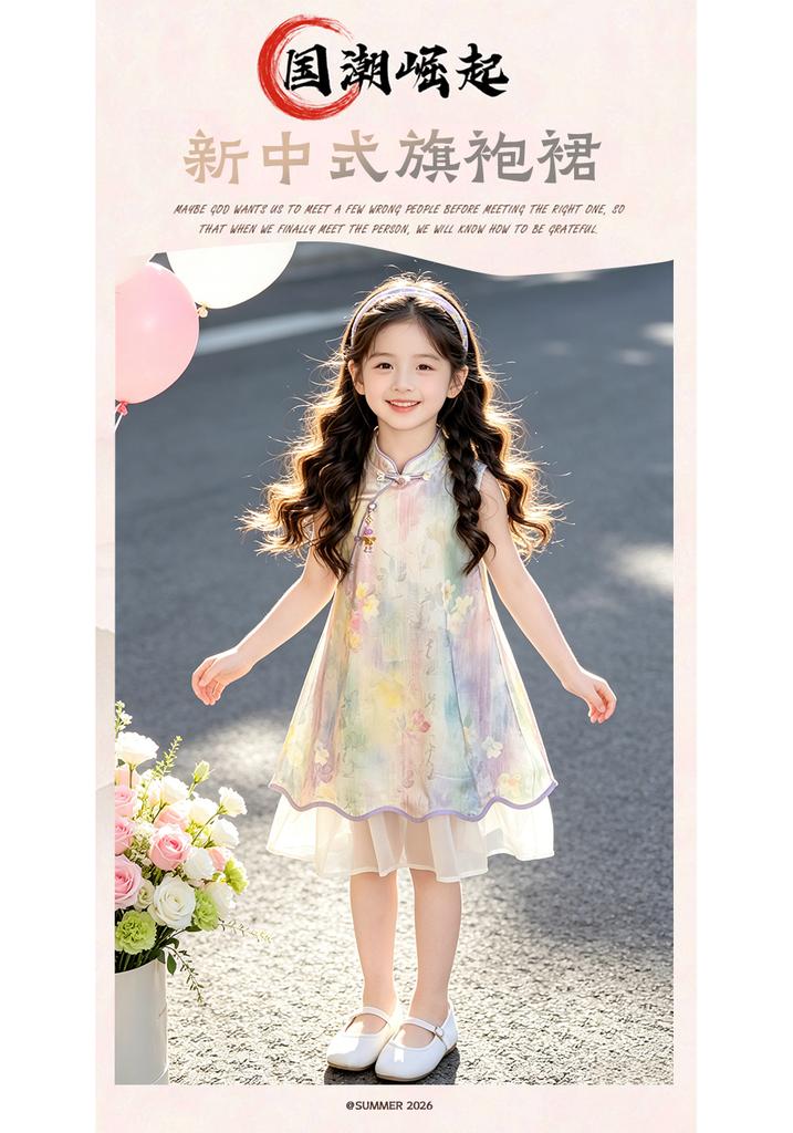 Girls' Summer Cheongsam Dress with Floral Print
