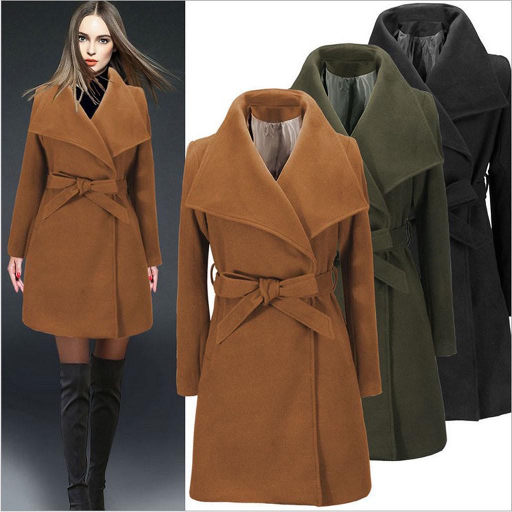 Womens Long Coat Warm Wool Lapel Trench Jacket Cardigan Long Slim Overcoat