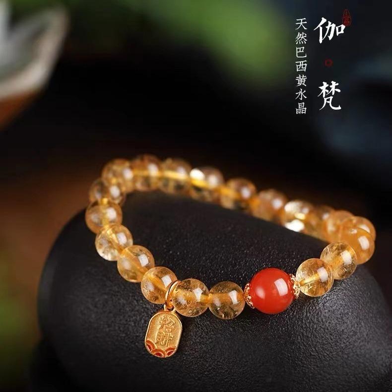 Natural Brazilian Citrine Bracelet for Women, Designer Style with Red Agate Pendant, Simple Design diy Women's yellow citrine bracelet