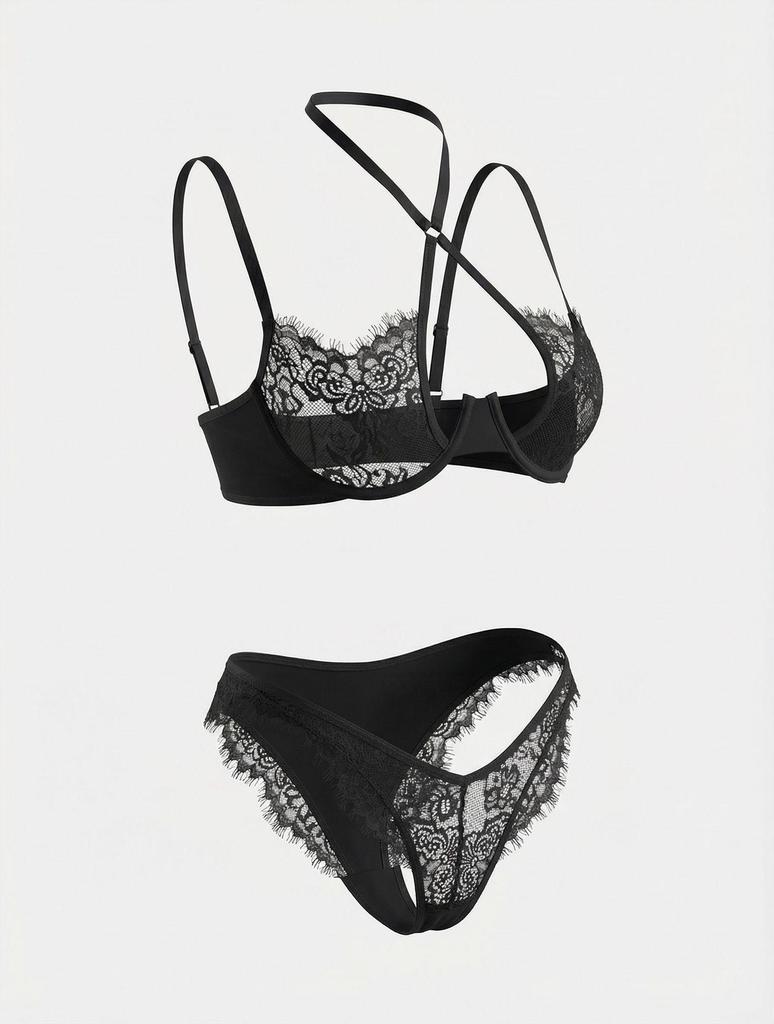 Sexy Underwire Lace Trim Mesh Lingerie Set