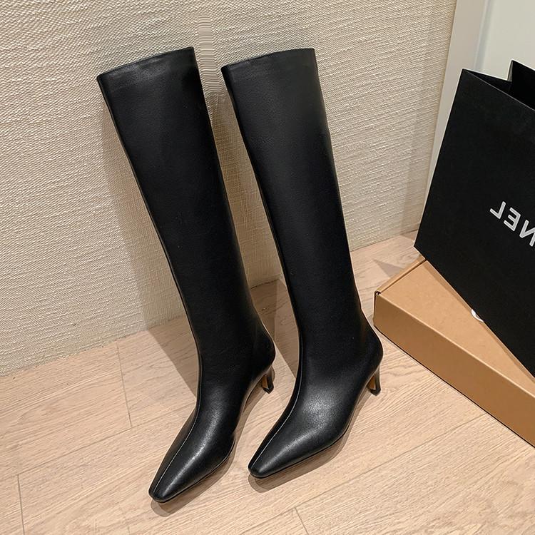 Lazy Wind~ European and American Style Temperament Folds Tall Stacked Boots Women's Versatile Square Head Cat and Cowhide Boots Internet Celebrities