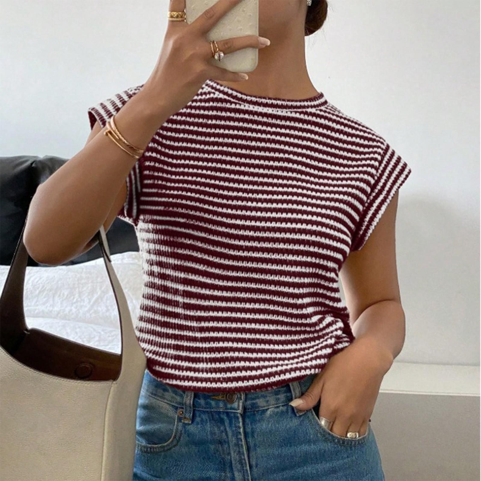 Women s Fashion Striped Round Neck Knitted Short Sleeved Pullover T-shirt Top XL винный