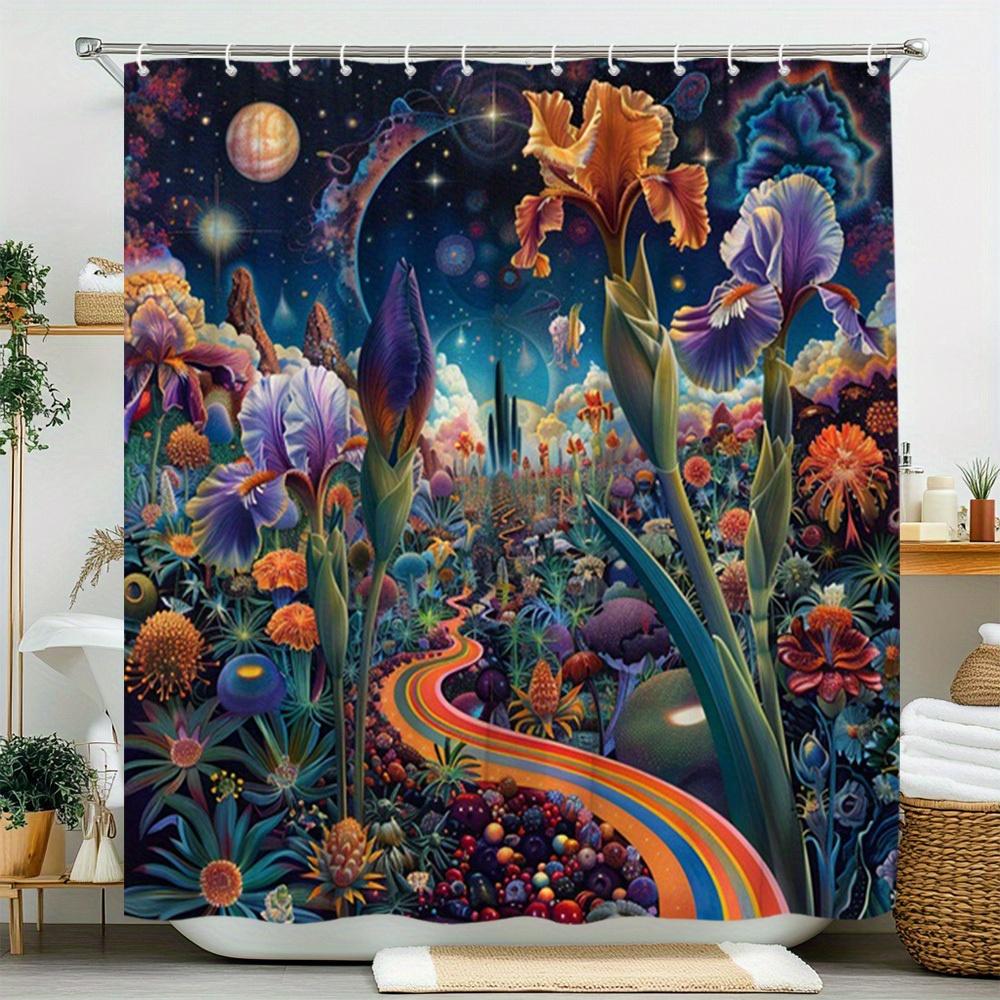Futuristic Floral Galaxy Print Waterproof Shower Curtain for Bathroom, Vibrant Exotic Design High-End Toilet Partition Curtain