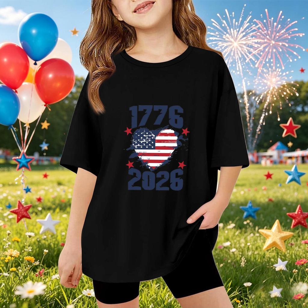 Kids Short Sleeve T Shirt Independence Day Print Top 1776 2026 Casual Fit Comfortable Cotton Blend Tee for Boys Girls