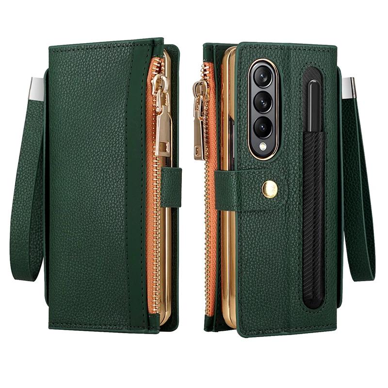 Leather Wallet Case for Samsung Galaxy Z Fold 4 3 2 5 6 ZFold4 ZFold3 Z Fold2 ZFold5 with Pen Holder Card Slot Zipper Flip Cover