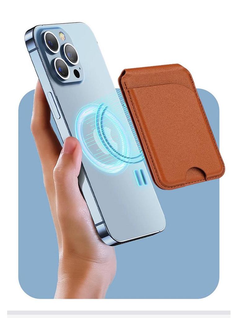 European Fashion Magnetic MagSafe Card Holder: Eco-Friendly PU Leather Folding Stand with Metal Hinge.