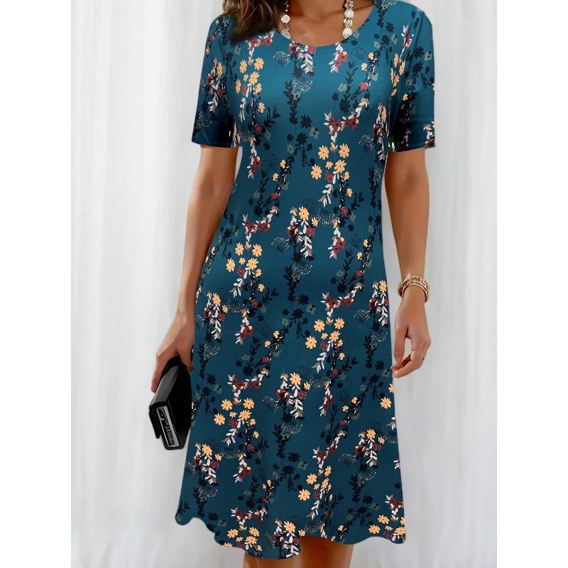 

Standard Summer New Printed Crew Neck Pullover Lady Word Short Sleeve Dress Europe XXXL