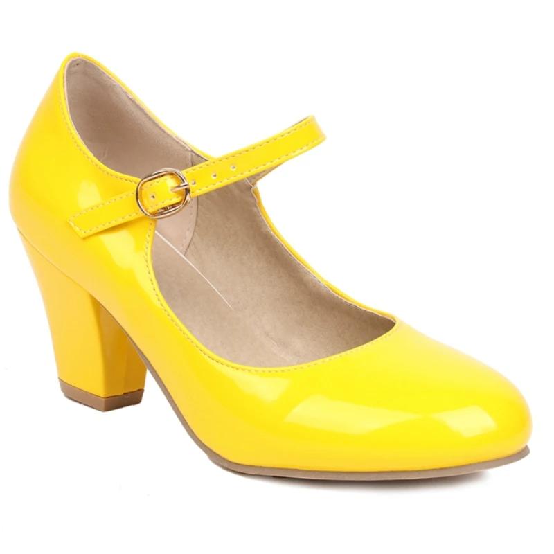 Women's Block High Heels Pumps Big Size 45 Lolita Mary Jane Shoes Elegant Black Red Pink Blue Heeled Office Wedding Shoes Ladies