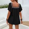 Summer Women Blouse Lace Embroidered Square Neck Backless Pullover Shirt Short Sleeve Lotus Leaf Holiday Spring S-XL