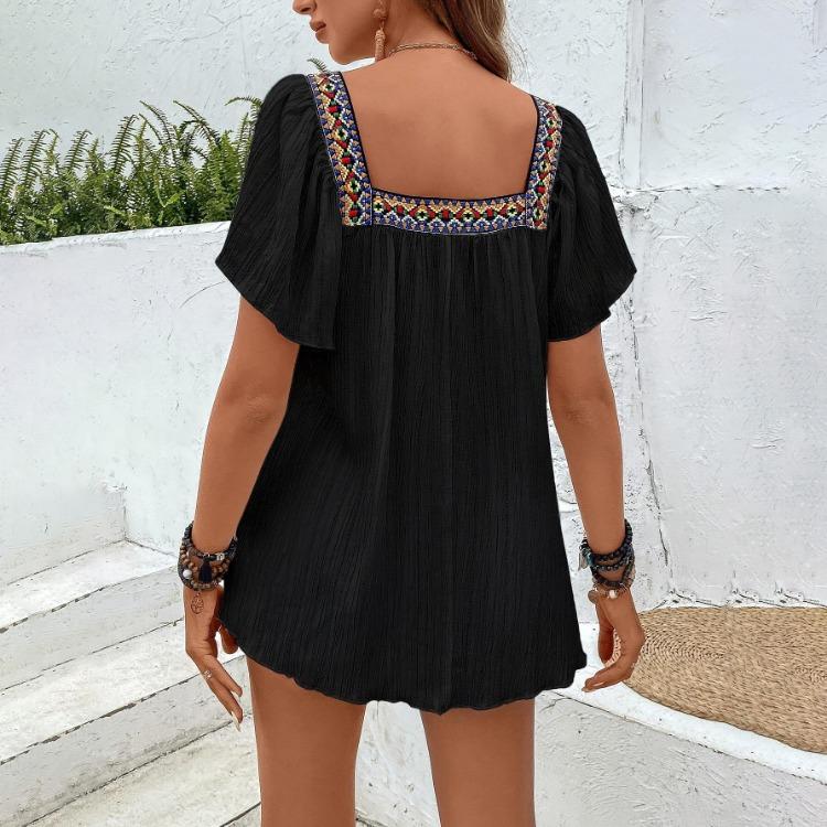 Summer Women Blouse Lace Embroidered Square Neck Backless Pullover Shirt Short Sleeve Lotus Leaf Holiday Spring S-XL