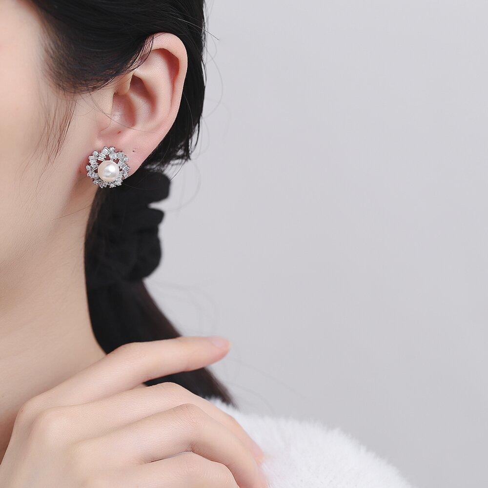 925 Sterling Silver Fashion Trend Zircon Pearl Stud Earrings Birthday Party Anniversary Gift