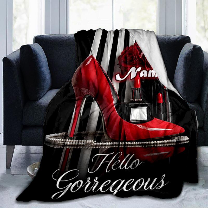 1PC Custom Name Glamorous Heels Roses outdooor Flannel blankets Throw Blanket All-Season Throw Gift Bedspread for Couch, Bed, Camping Holiday Birthday