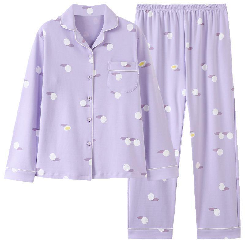 Women's Long Sleeve Lapel Cardigan Pajama Set - Pure Cotton, Casual Home Wear, Can Be Worn Outside.