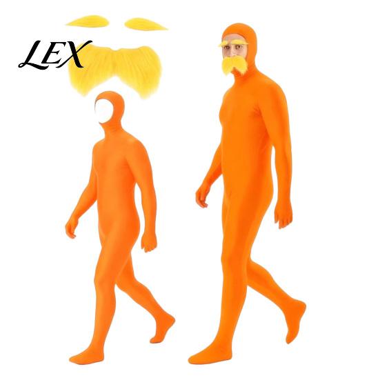 Halloween Dress Up Costume Face Open Costume, Unisex Full Body Orange Bodysuit with Beard Yellow And Eyebrows for Men Women, Adult Stretchy