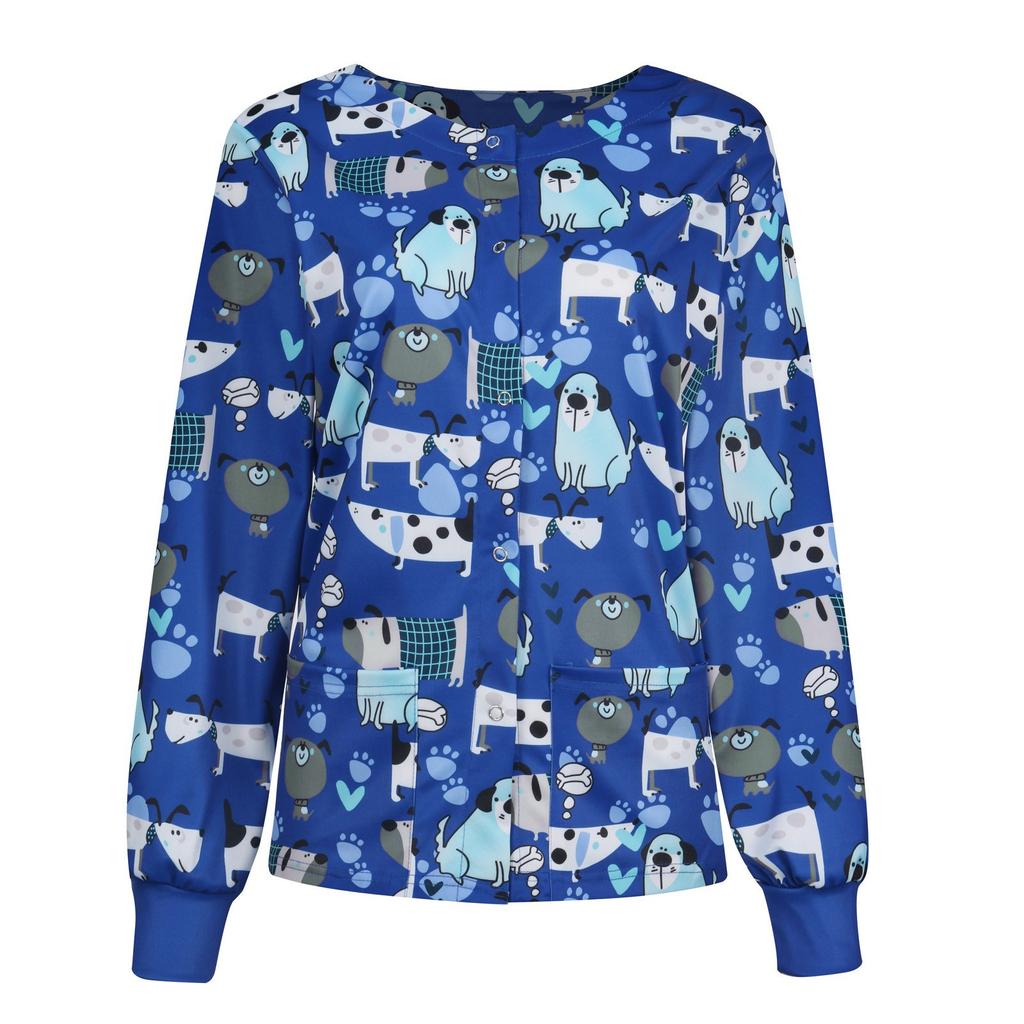 Women Casual Fashion Long-sleeved Stand-up Collar Single-breasted Printed Women's Protective Overalls Jacket Top