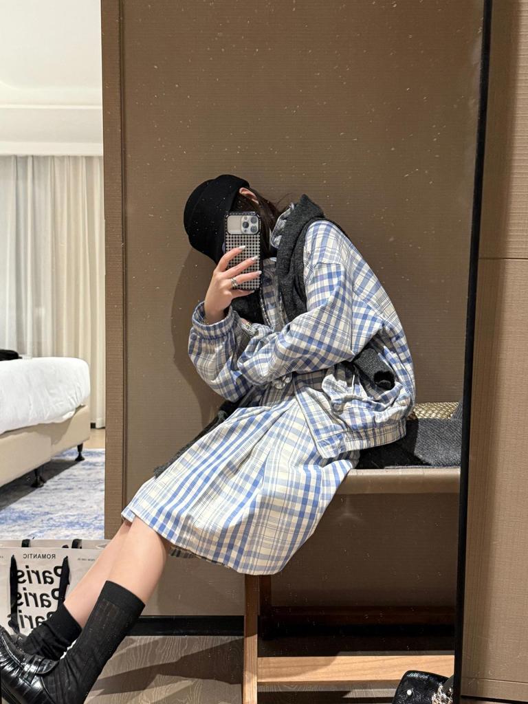Women's Blue & White Plaid Drawstring Jacket & Pleated Skirt Two-Piece Set for Early Spring
