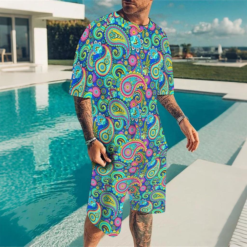 Men Full Black White Paisley Bandana Print Short Sleeve Tee And Matching Shorts Two Piece Outfit