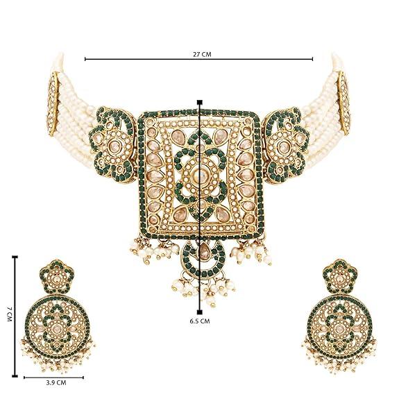 Gold Plated Traditional Kundan Pearl Multi Layered Choker Necklace Jewellery Set For Women