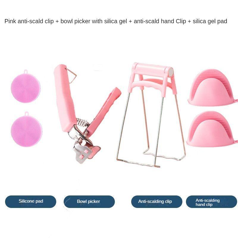 

Анти-горячий зажим, трехсекционный кухонный поднос, чаша, коллектор, перчатки с горячим зажимом, теплоизоляционная подушка, высокая температура Set six pieces розовый