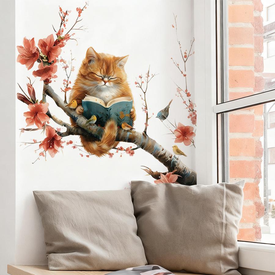Cute Cat Reading On Flowering Branch Wall Stickers, Orange Cat with Little Bird Artistic Decor for Study Room Living Room Decoration