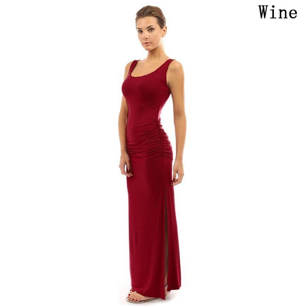 Elegant Summer Women Round Neck Slim Pleated Skirt Long Dress Sleeveless Split Swing