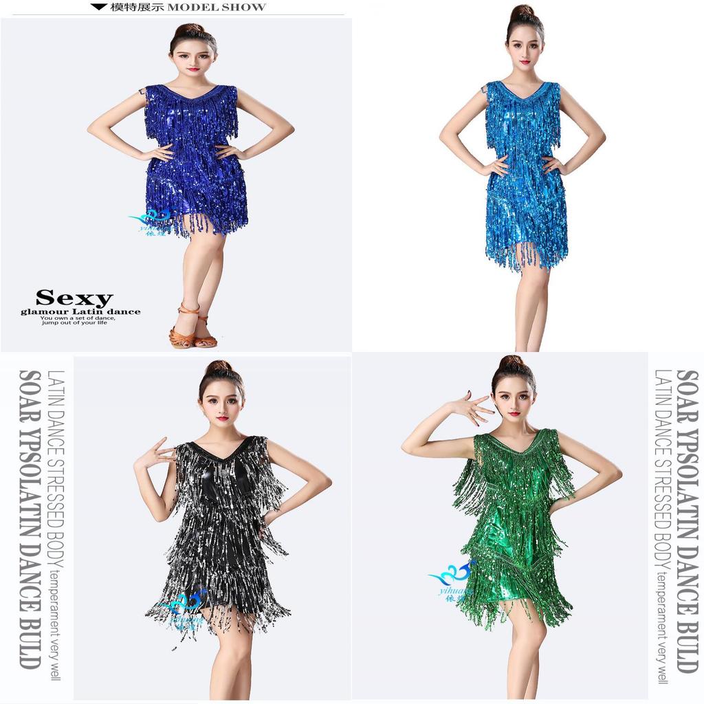 Abito da Danza Latina con Paillettes e Frange per Performance e Competizione Donna