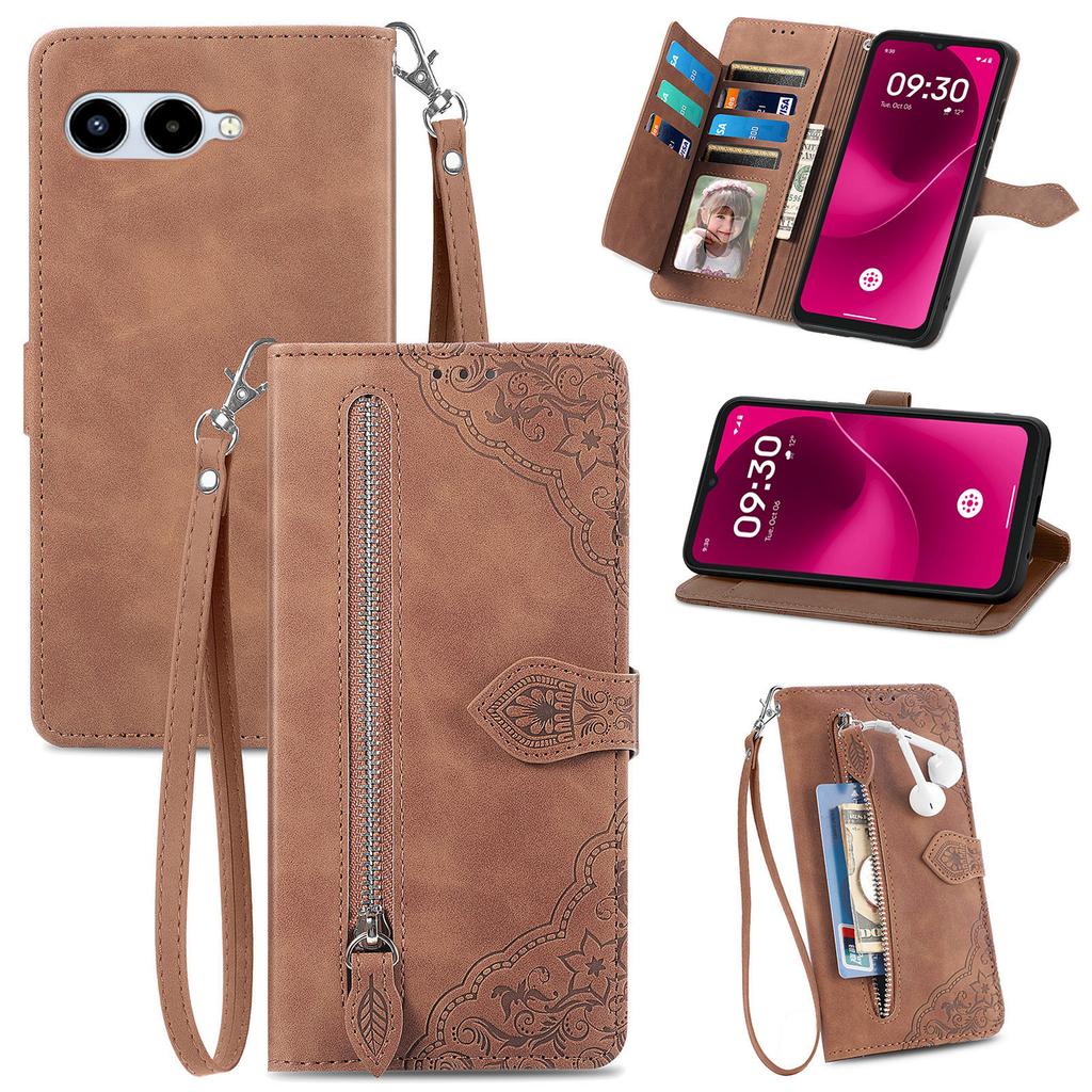 For T-Mobile REVVL 8 Zipper Wallet Case with Strap Flower Imprint PU Leather Phone Cover