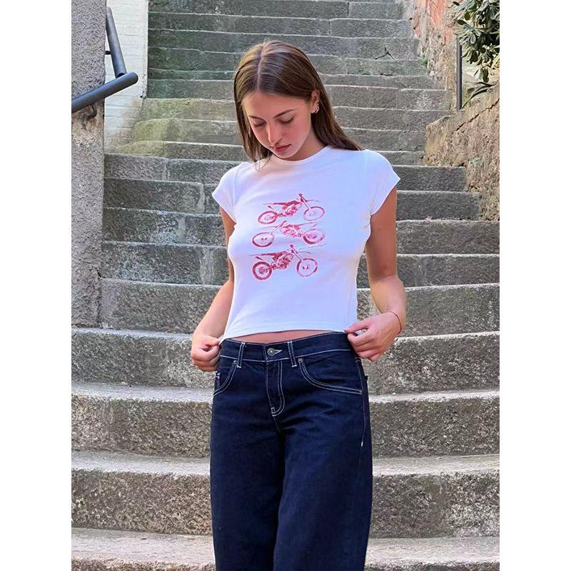 Summer 2025 American Motorcycle Young Adult Motorcycle Print Short-Sleeved T-shirt Female Cotton Round Neck Half Sleeve Tops Tide