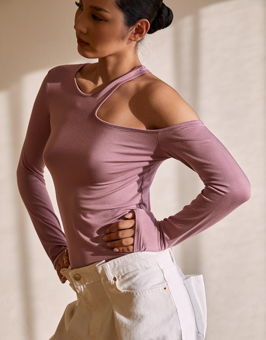 Женский асимметричный топ с вырезами и длинным рукавом_T216Tp118 Mauve/L-Xl